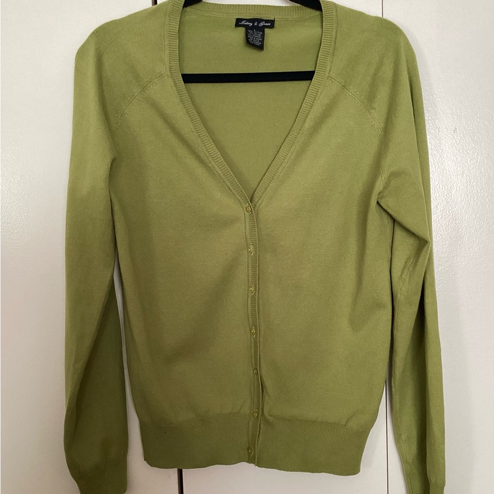Pea green cardigan. Med